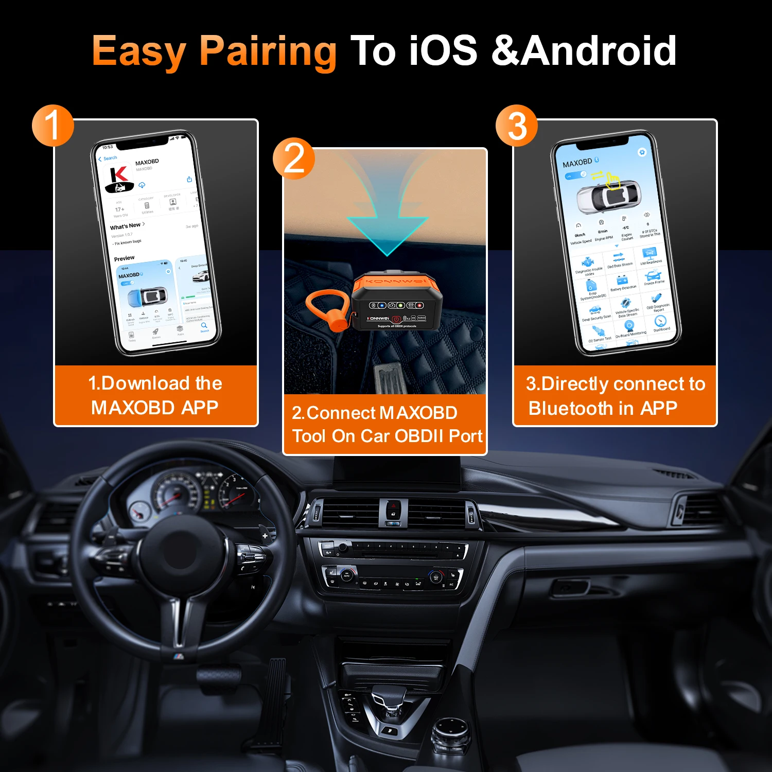 KONNWEI KW906 Bluetooth5.0 - 5.2 OBD2 Scanners ELM327 V1.5 OBDII Fault Diagnostic Tool for Android/IOS Code Reader