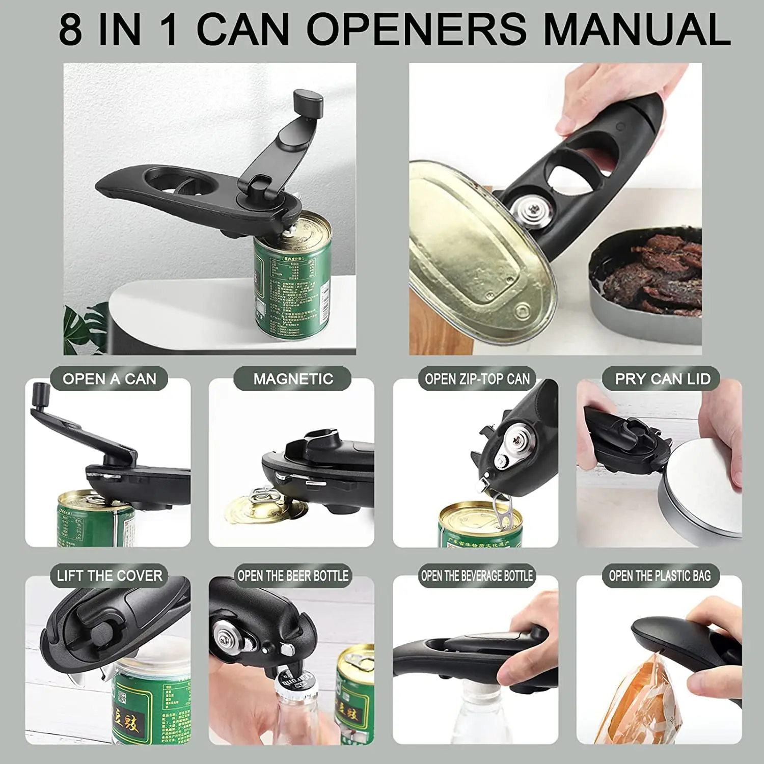 LMETJMA Multifunctional 8 in 1 Manual Can Opener Ergonomic Bottle Opener with Rotary Handle Portable Beer Wine Openers JT06