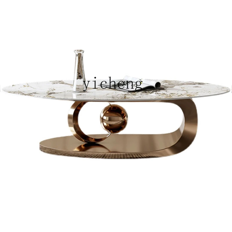 

ZK Light Luxury Stone Plate Coffee Table Living Room Home Creative Metal Stainless Steel High-End Oval Coffee Table