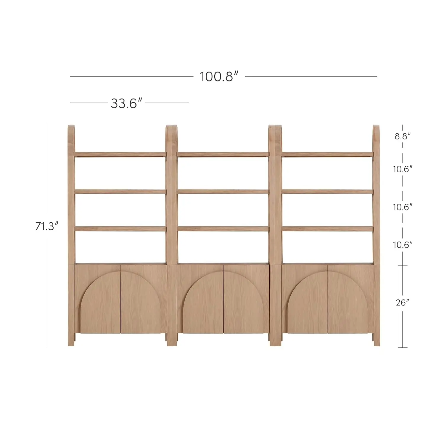 Iris 3 Tier Bookshelf, Arched Bookcase Cabinet, Solid Wood Bookcase with Cabinet Base, Boho Bookshelf in Raw Oak Finish, Set of