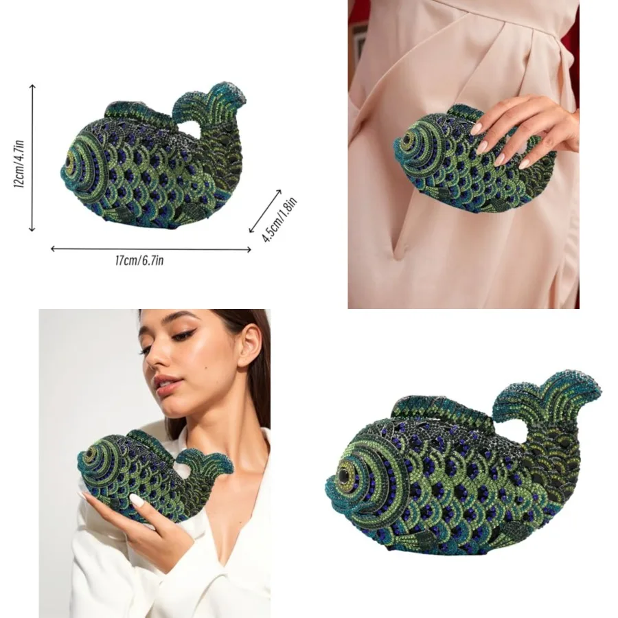 

Women Mini Fish Clutch Luxury Rhinestones Purse Sparkling Banquet Handbag Wedding Party Clutch Bag