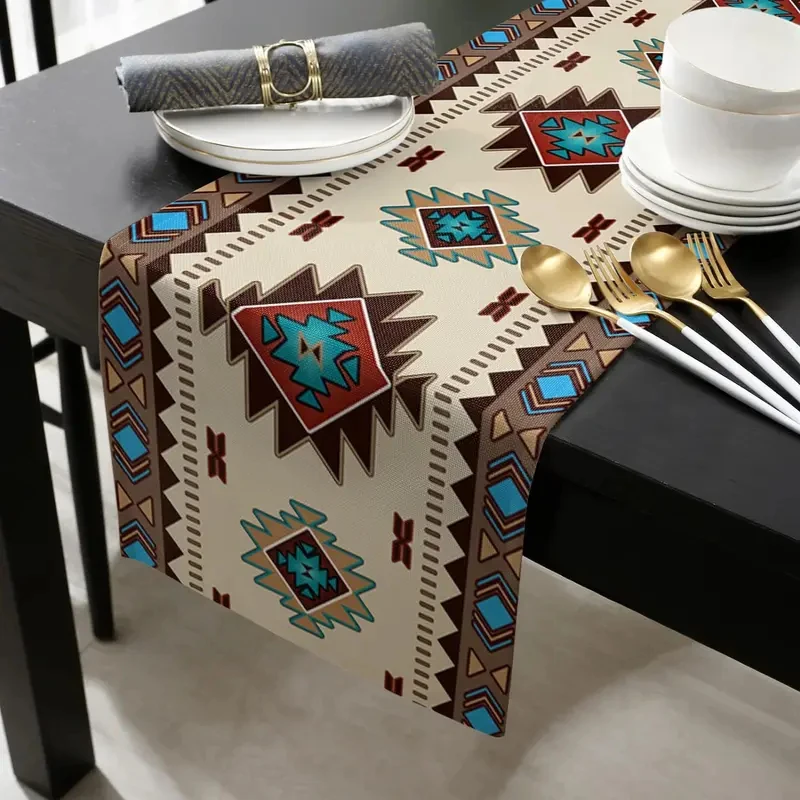 VIKAMA Aztec Tribal Turquoise Brown Print Table Runner, Wrinkle Resistant Long Table Cover Southwestern Home Party Decoration