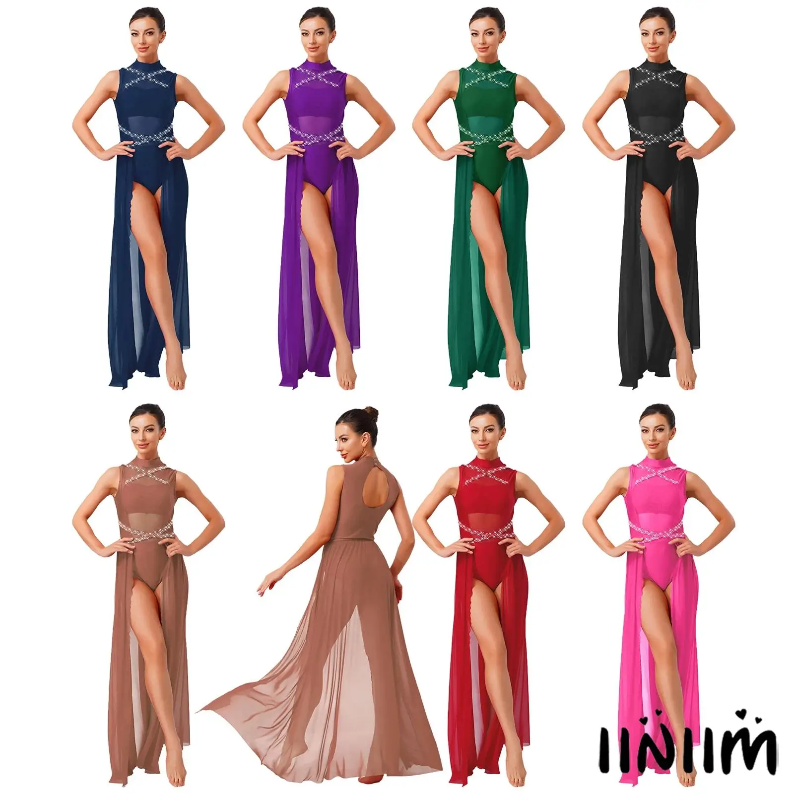 

Womens Lyrical Dance Performance Costume Contemporary Dress Stylish Solid Color Turtleneck Sleeveless Dresses for Figure Skating