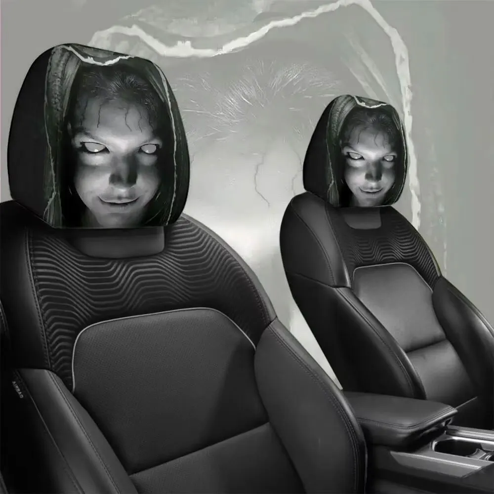2x Car Headrest Covers Universal Elastic Fit Horror Theme Skull Design Funny Playful Car Seat Protectors Car Pillow Cover