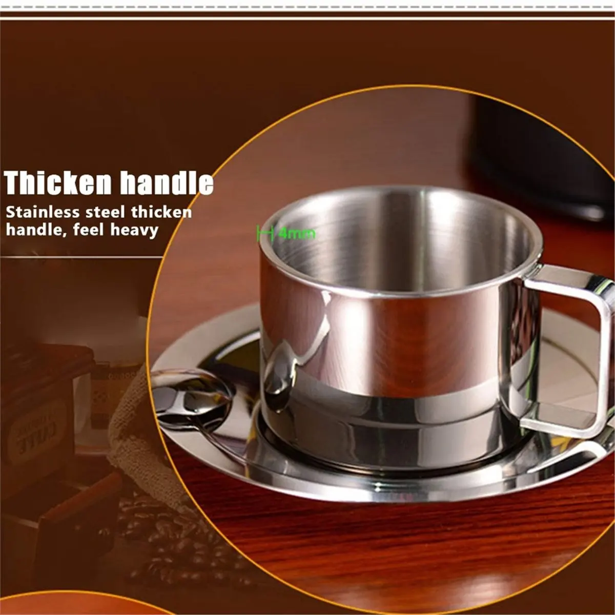 A67T NEW 200ML 304Stainless Steel Coffee Cup Double Layer Milk Cup and Saucer Set with Tray and Handle, Easy to Clean C
