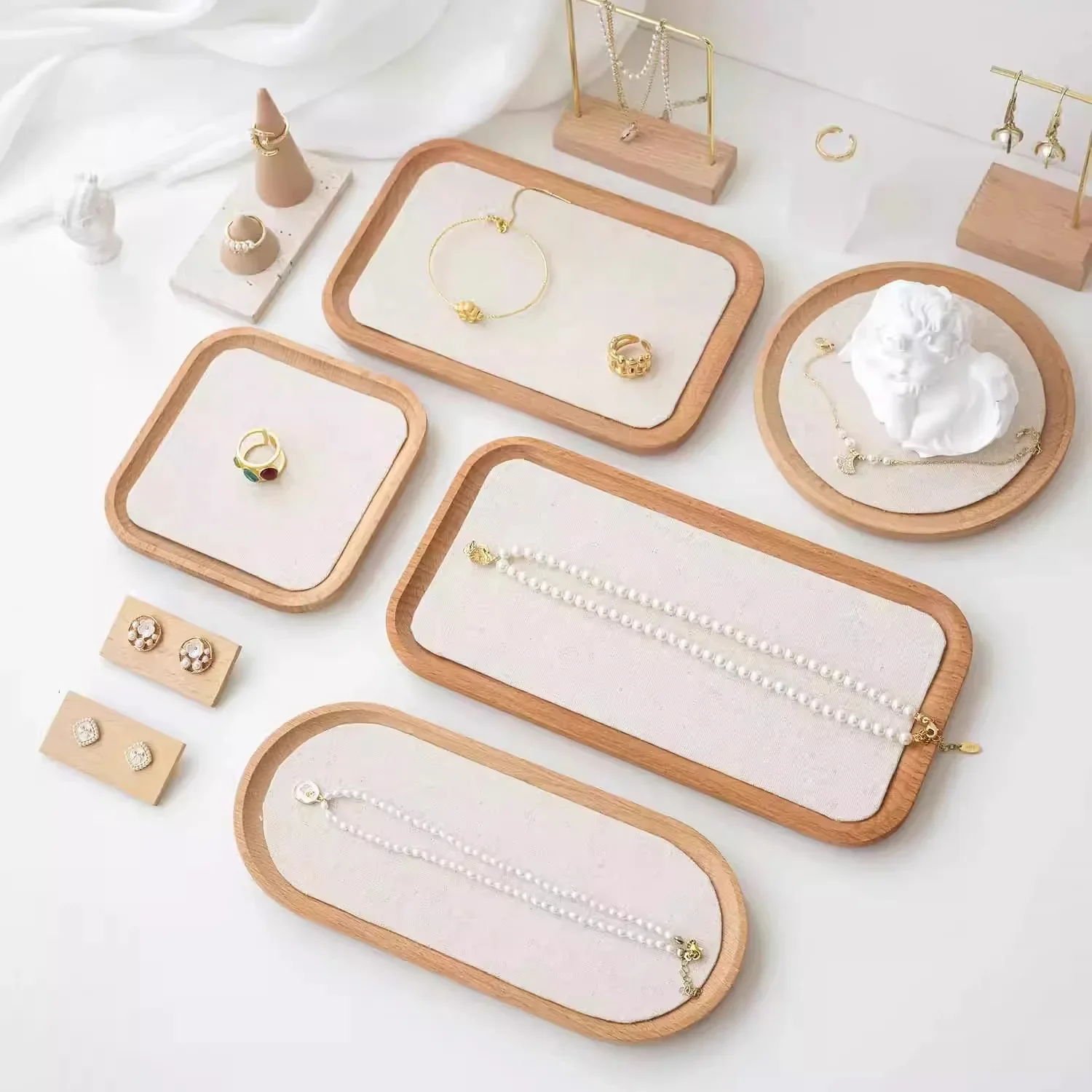 yesHeMu Wood Jewelry Tray with Linen Liner, Multi Size Soft Lined Display Plate for Necklaces Rings Earrings Vanity & Shop Count