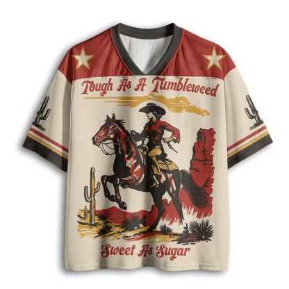 V Neck Mesh Jersey Short Sleeve Cowgirl Horse Cactus Retro Print Top