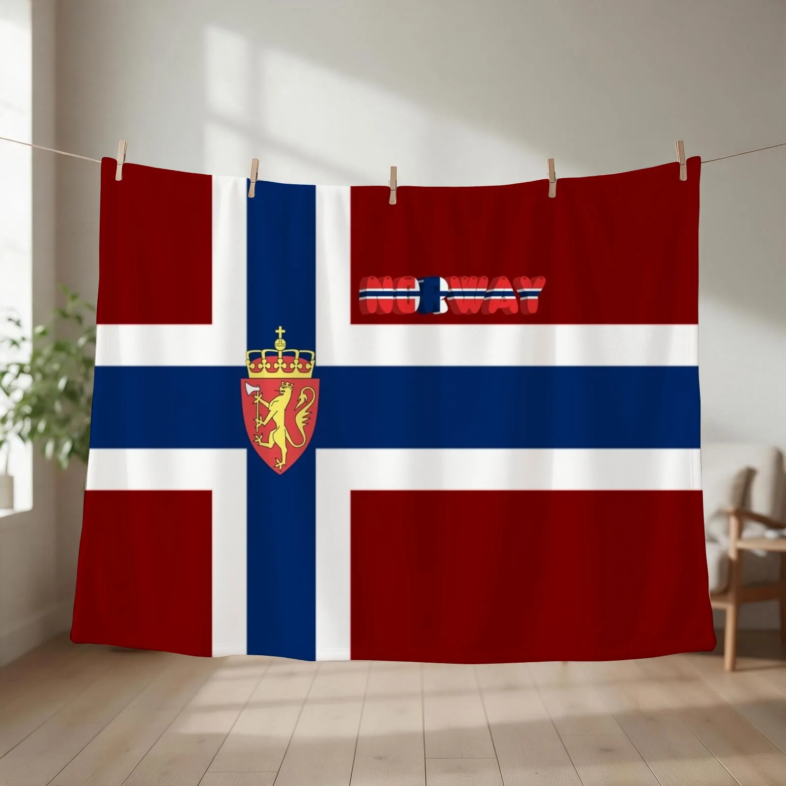 Norwegian flag with coat of arms Throw Blanket couch cozy soft plush fuzzy picnic outdoor blanket