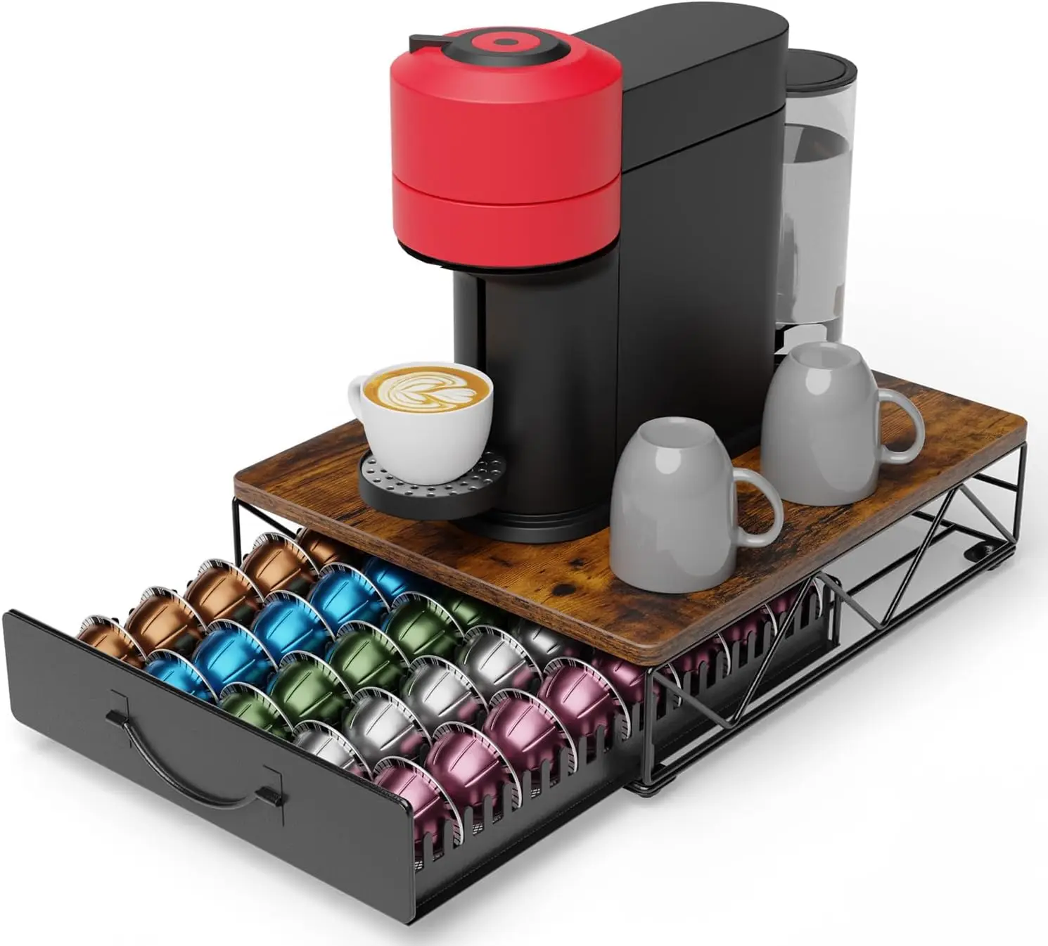 

Vertuo Pod Holder, Compatible for Nespresso Vertuoline 40 Big or 60 Small Capsules, Wooden Top and Mesh Shelves, Kitchen