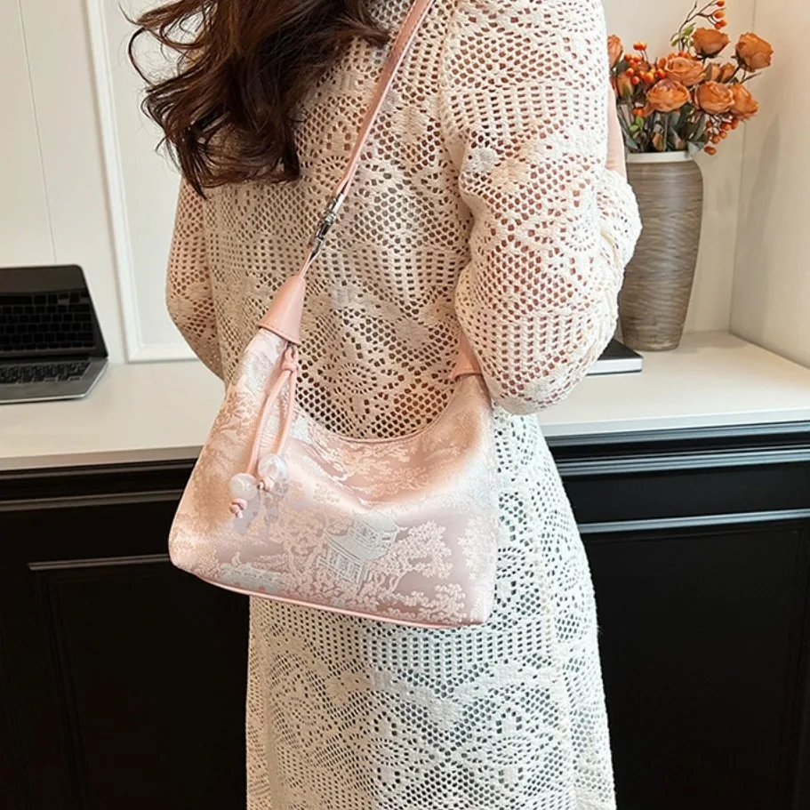 

Fashion Embroidered Chinese Style Handbag Canvas Adjustable Pea Purses Zipper Luxury Cheongsam Bag Travel