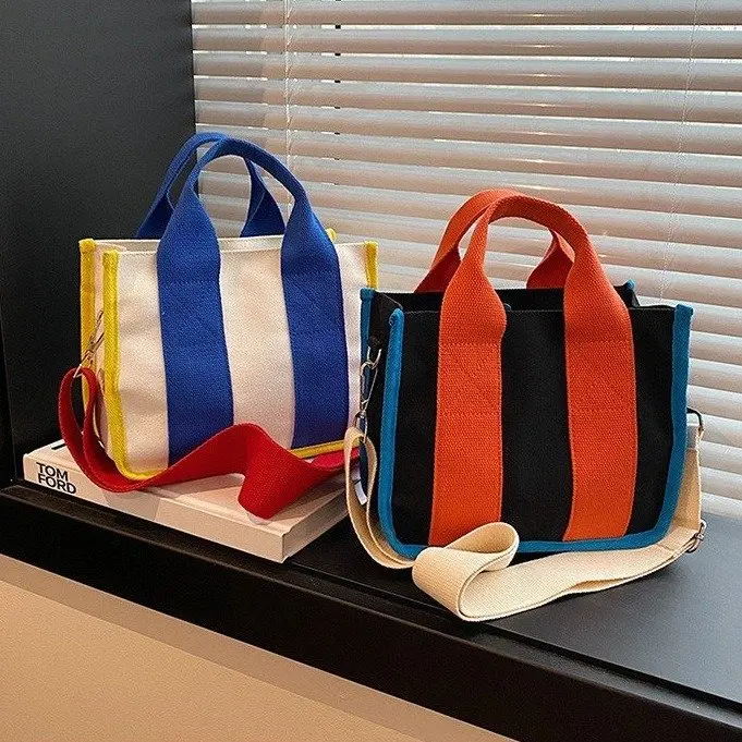 

2025 Color Block Canvas Bag, Trendy Magnetic Clasp Design