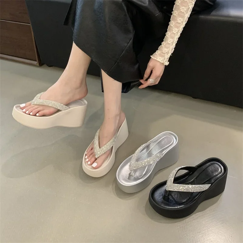 Eilyken Design Style Crystal Clip Toe Platform Wedges High Heels Woman Slippers Fashion Thick Bottom Flip Flops Shoes