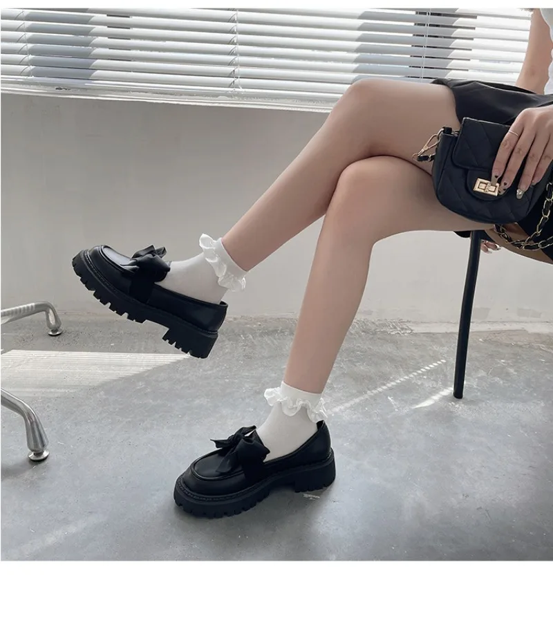 Black Leather Shoes for Women in Summer 2024 Lolity Shoes Hot New Style Bow-tie Slip-on Thick-soled Shoes Loafers