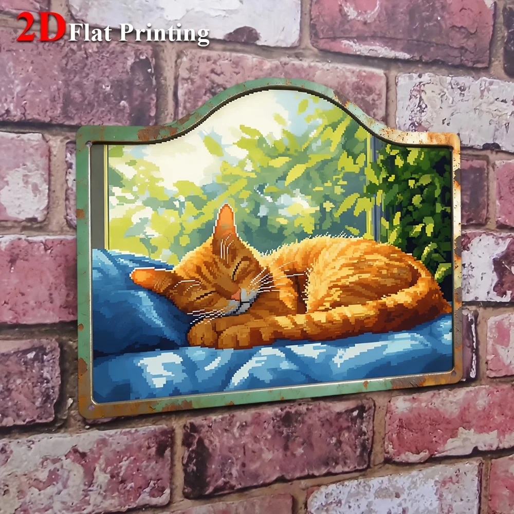 1pc 2D Flat Sign Artwork Depicting A Cozy Orange Cat Napping On A Blue Bed, Ideal For Decorating Your Living Room, Bedroom