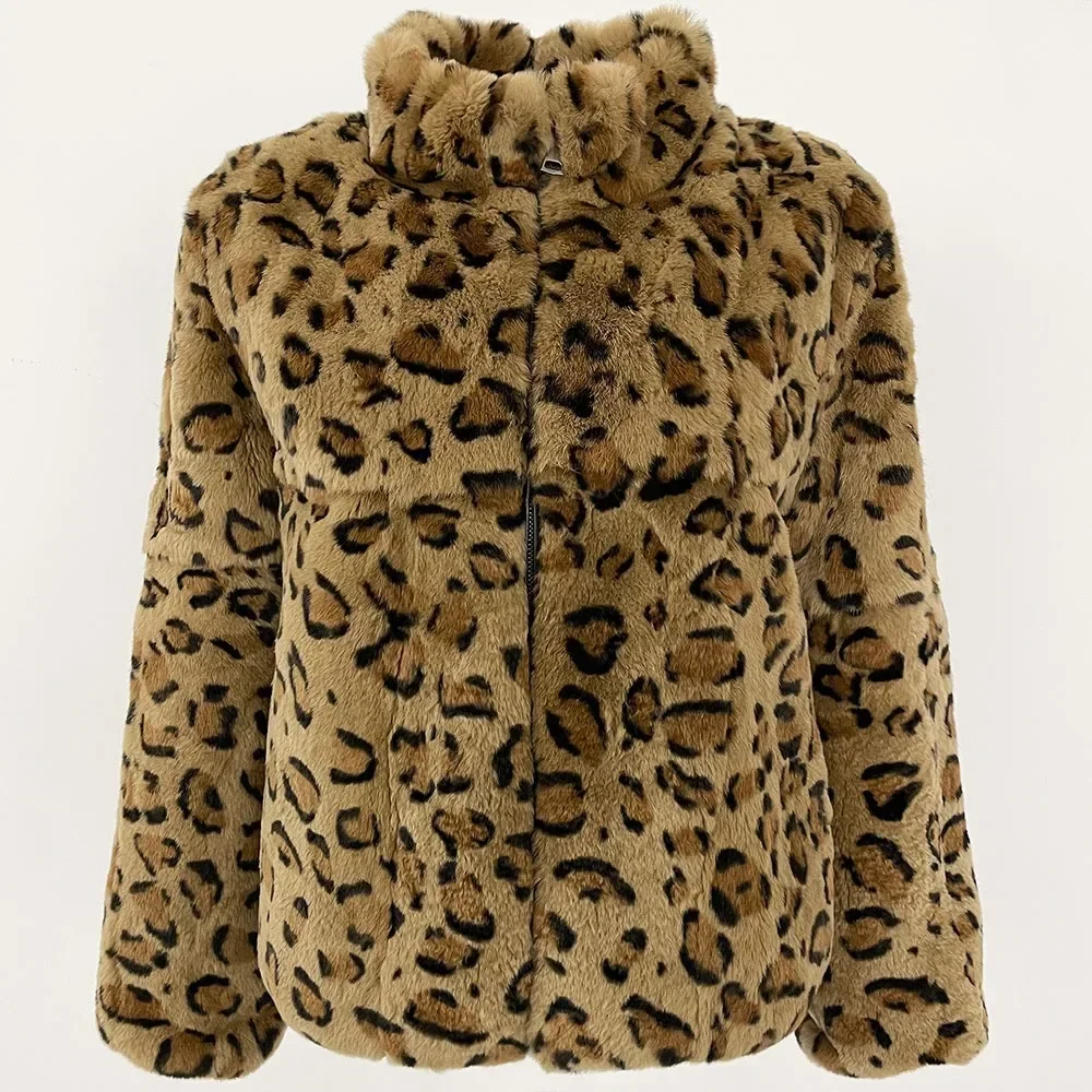 Veste en fourrure de lapin naturel léopard chaud femmes 2025 nouveau automne hiver court imprimé léopard réel manteau de fourrure de lapin vêtements d'extérieur femme