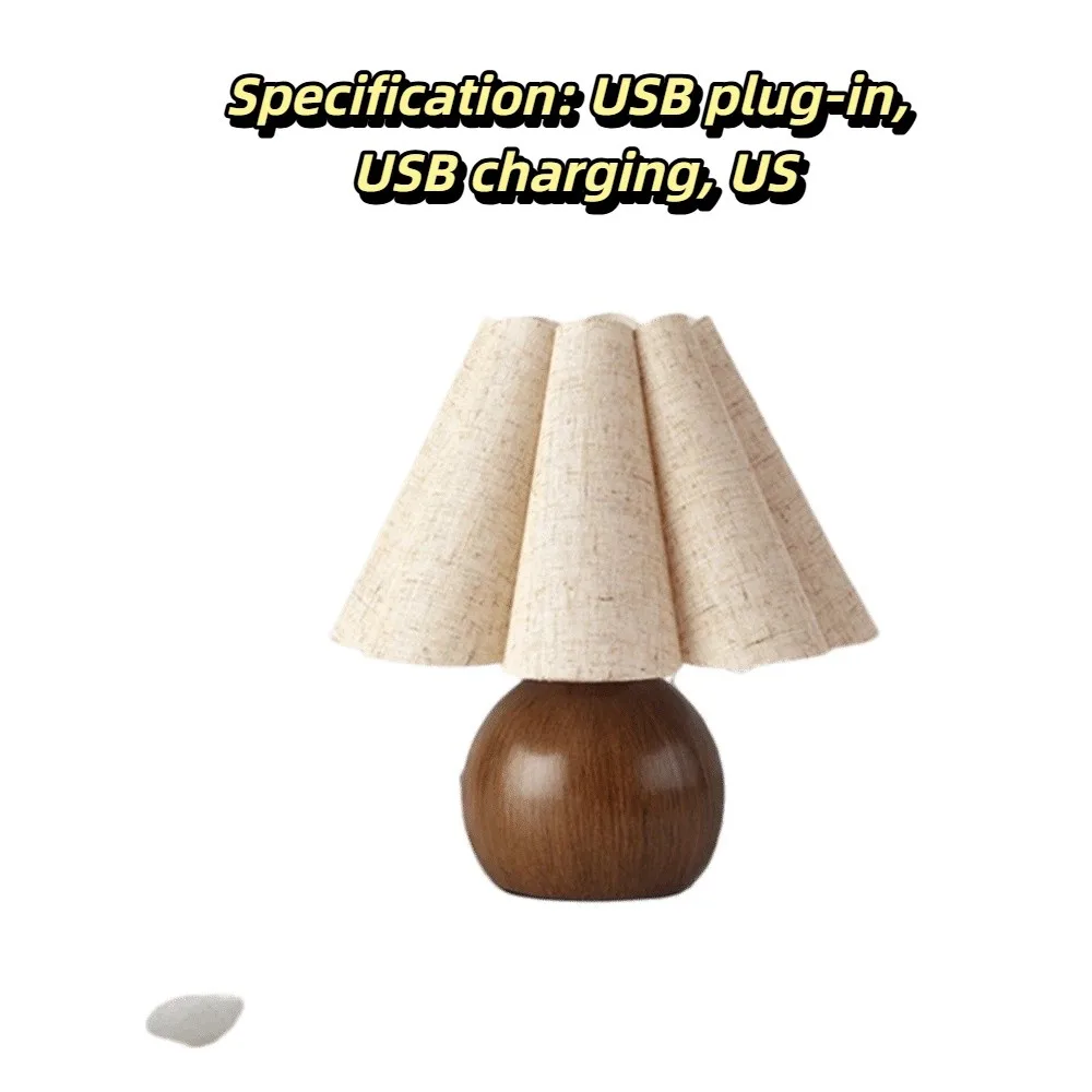 Rechargeable Bedside Lamp Brass Gold Walnut Wood Grain Table Lamp Linen Petal Shade Pleated Shade Ambient Night Light
