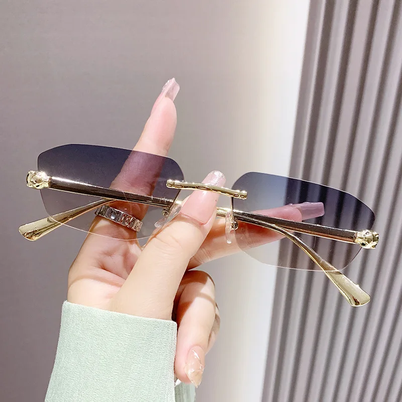 Beliebte Marke Braun Quadrat Frauen Sonnenbrille Mode Luxus Randlose Rechteck Sonnenbrille Weibliche Shades UV400 Vintage Brillen – Detail 2