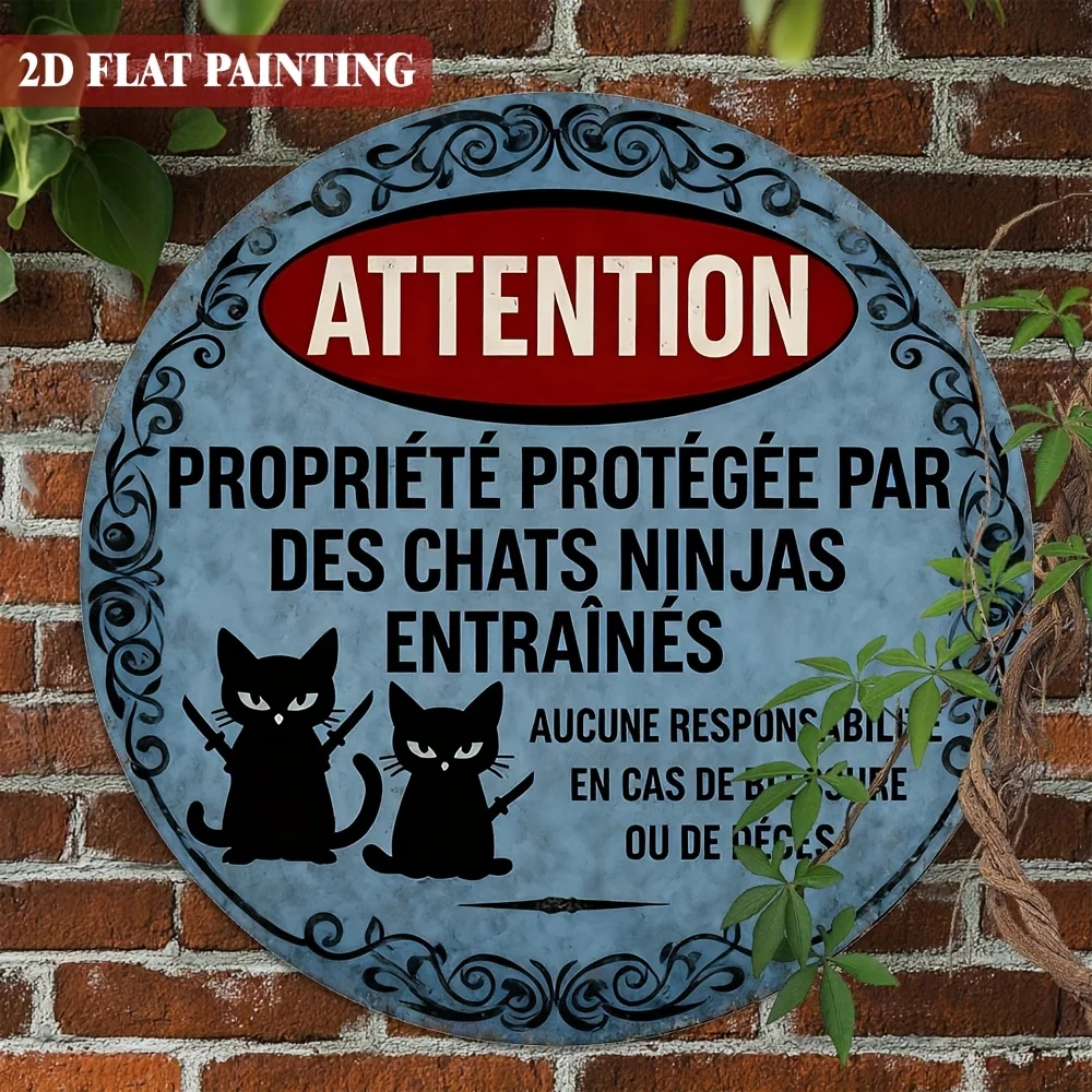 2D Flat, 1pc, Rustic French Decorative Signs 'Attention Property Protected by Trained Ninja Cats' Aluminum Sign Wall Art, 8X8 In