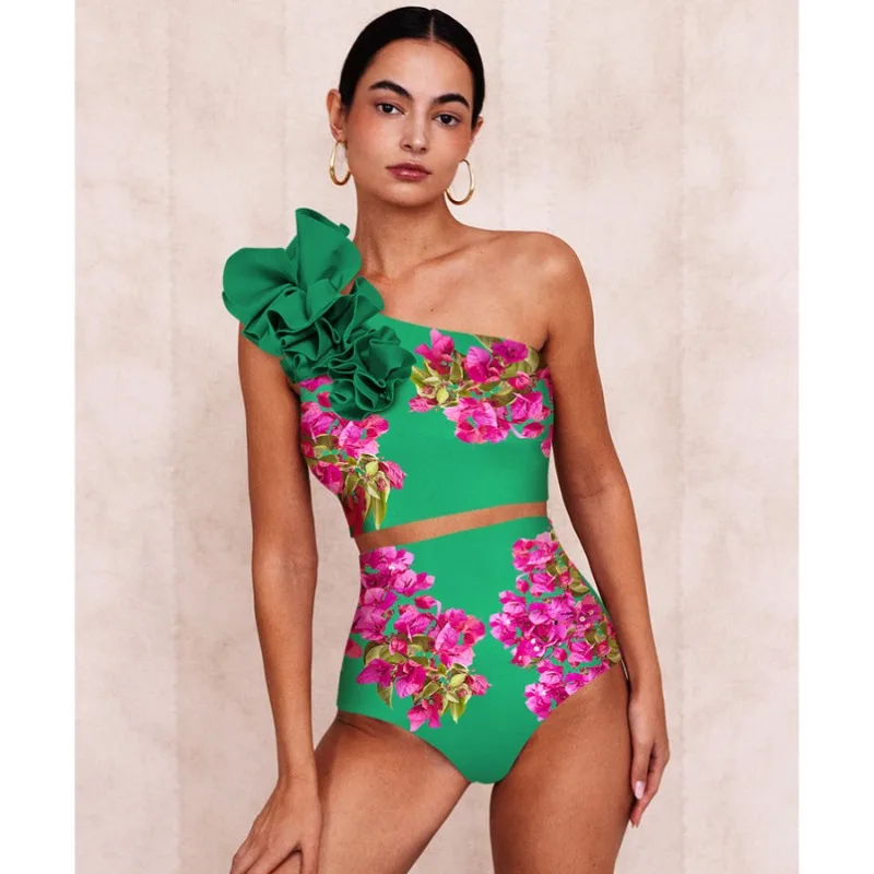 Beach Vacation Swimsuit Spot Shoulder Print High Waist Split Swimsuit Wrap Skirt Suit Women Bathing Suit Women Bikinis