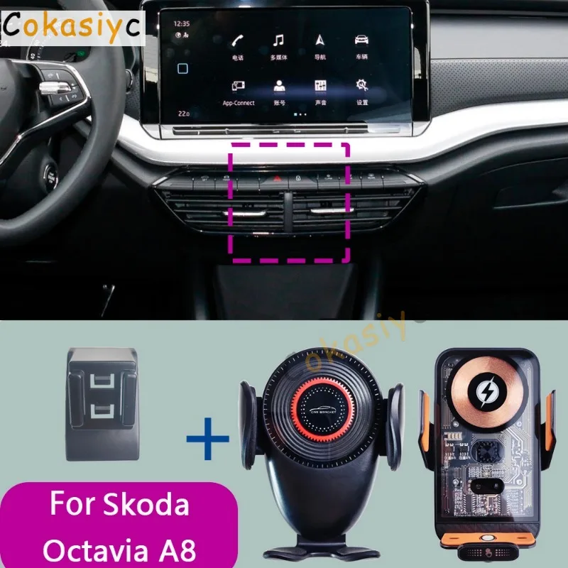 Suporte para Telefone de Carro com Carregador Sem Fio para Skoda Octavia A8 2021 2022-2024, Suporte Especial para Celular com Base Fixa
