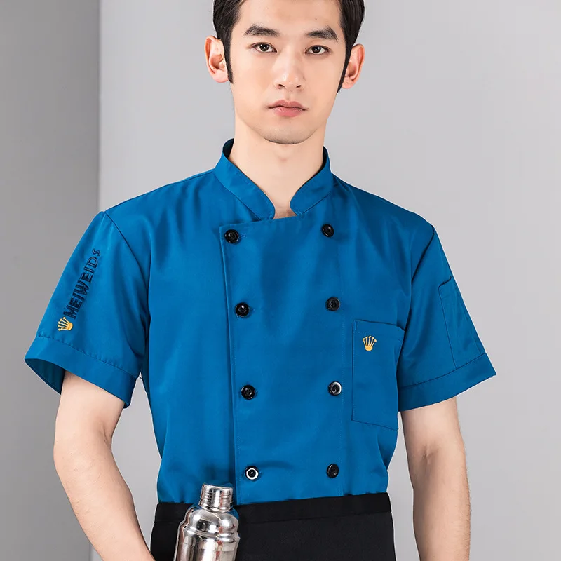

Summer chef uniform, cotton short-sleeve, solid black, for restaurant, kitchen, school, kindergarten, baking and pastry chef wor