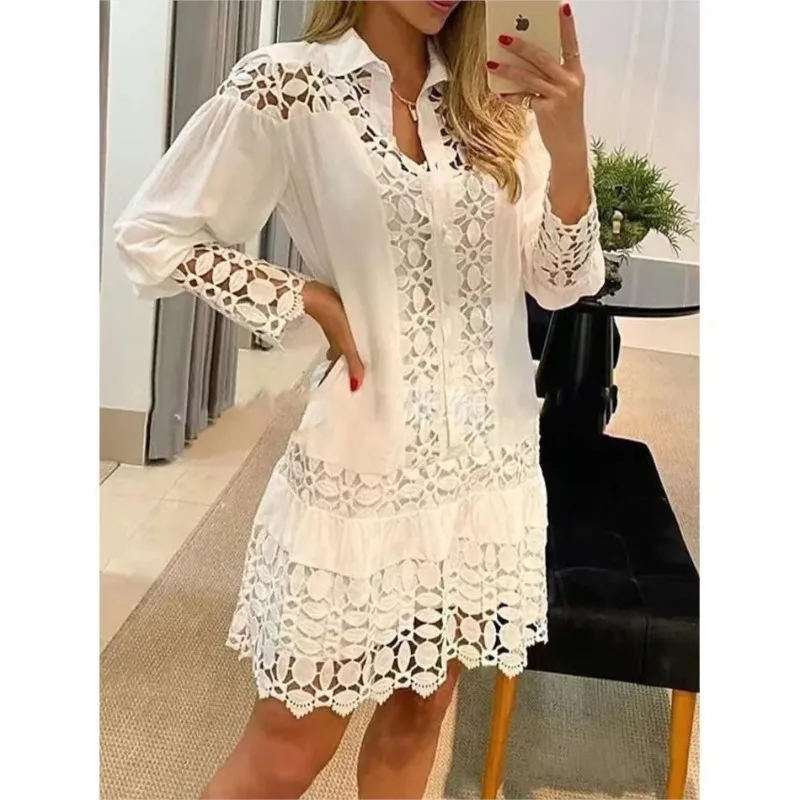 

New spring and autumn long-sleeved women's dress solid color lace stitching fashion hollow shirt elegant feminine dress