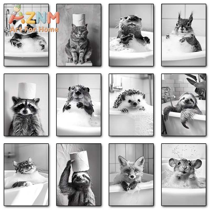 Black and White interesting Cute Animal Posters Squirrel Hedgehog sloth Canvas Painting Wall Art Bathroom Living Room Home De