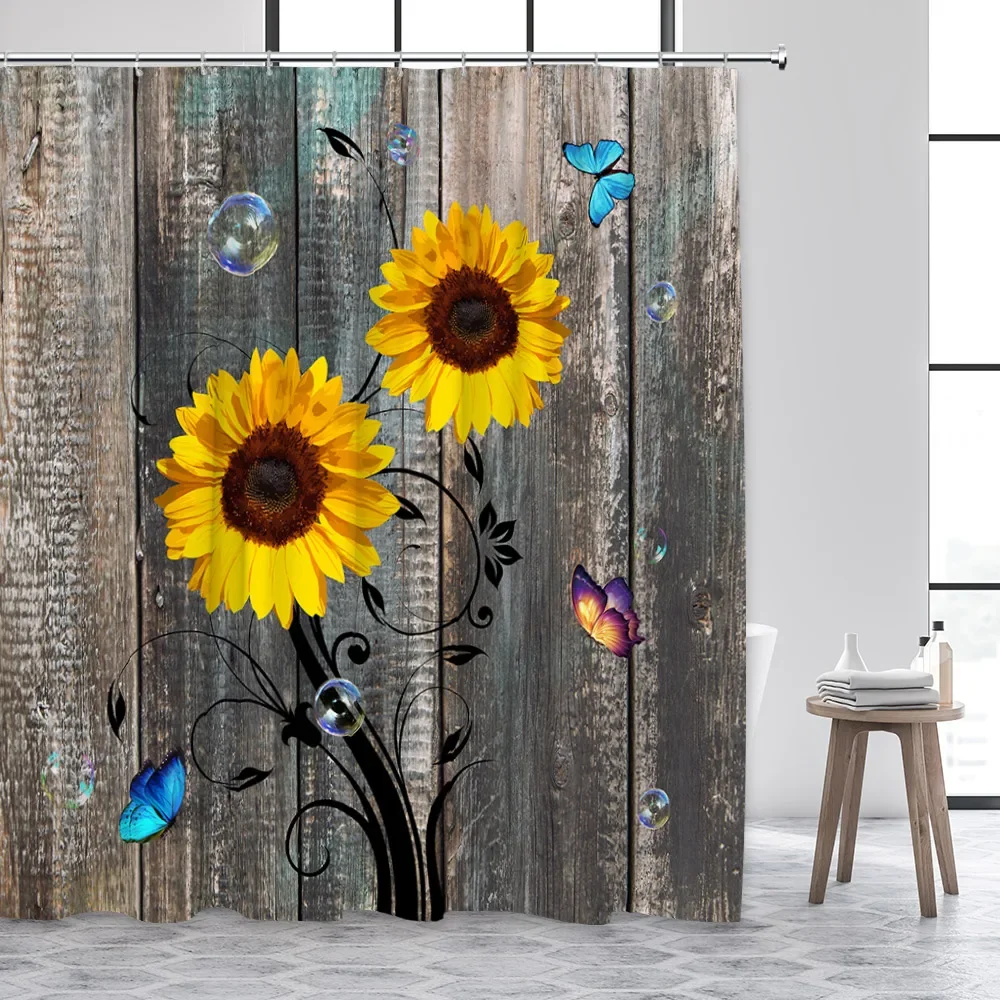 Sunflower Shower Curtain Natural Floral Butterfly Rustic Vintage Shabby Wood Board Flower Print Fabric Bathroom Decor with Hooks