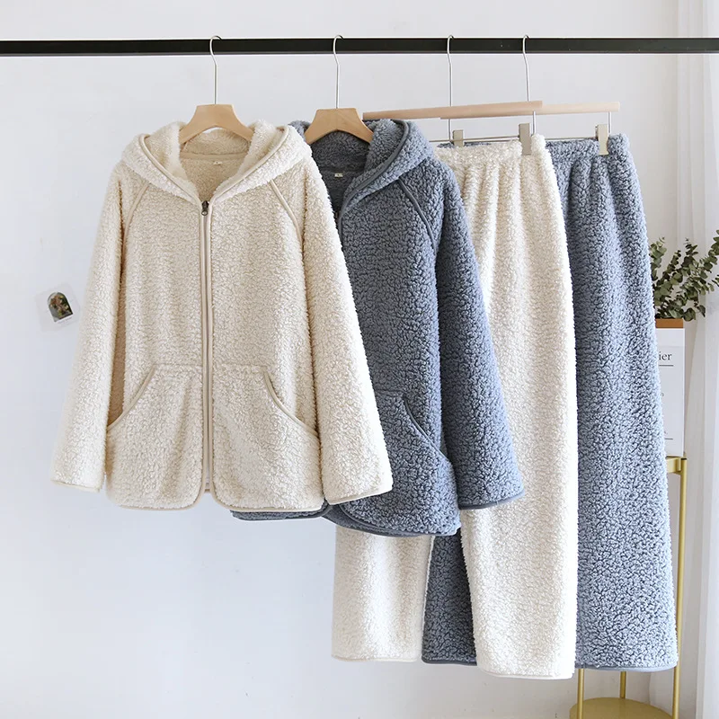 Thick Fluffy New Couple's Pajama Hooded Zipper Sleeping Sleepwear Winter Underwear Set Nightie Warm Pyjamas Women Loungewear