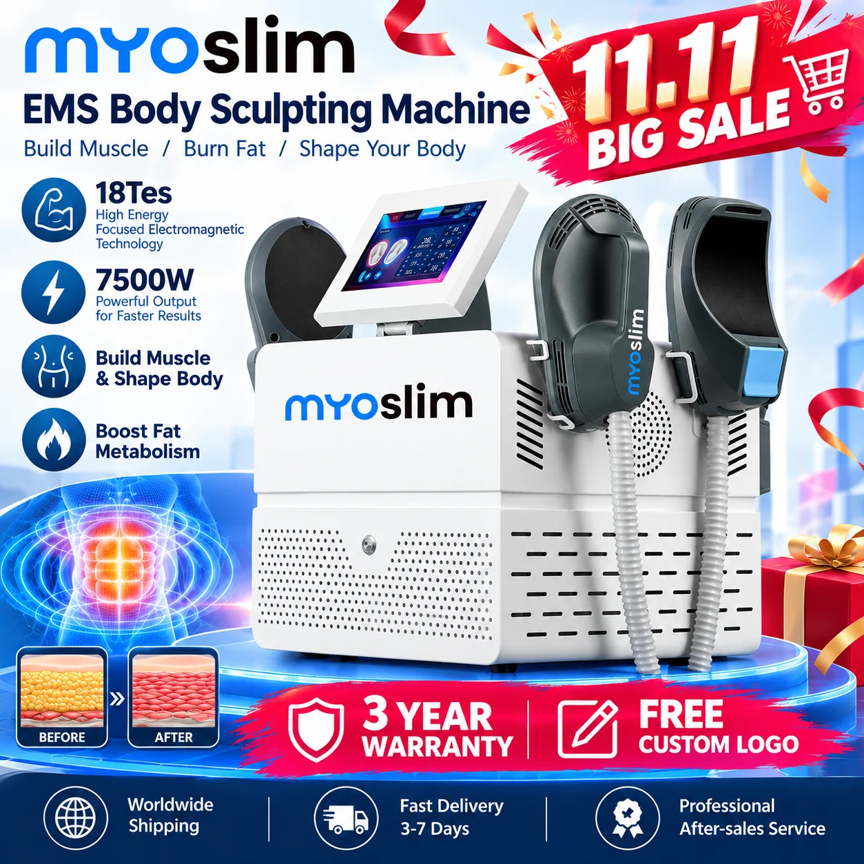 EMS Fitness Equipment MYOslim 18Tes 7500W Body Sculpting Machine Muscle Toning HI-EMT Device for Home Workout Personal Use