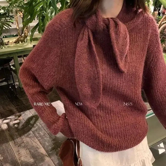 

French Red Pullover Sweater Women Autumn Winter High-End Loose Lazy Style Soft Waxy Lace-Up Knitted Top