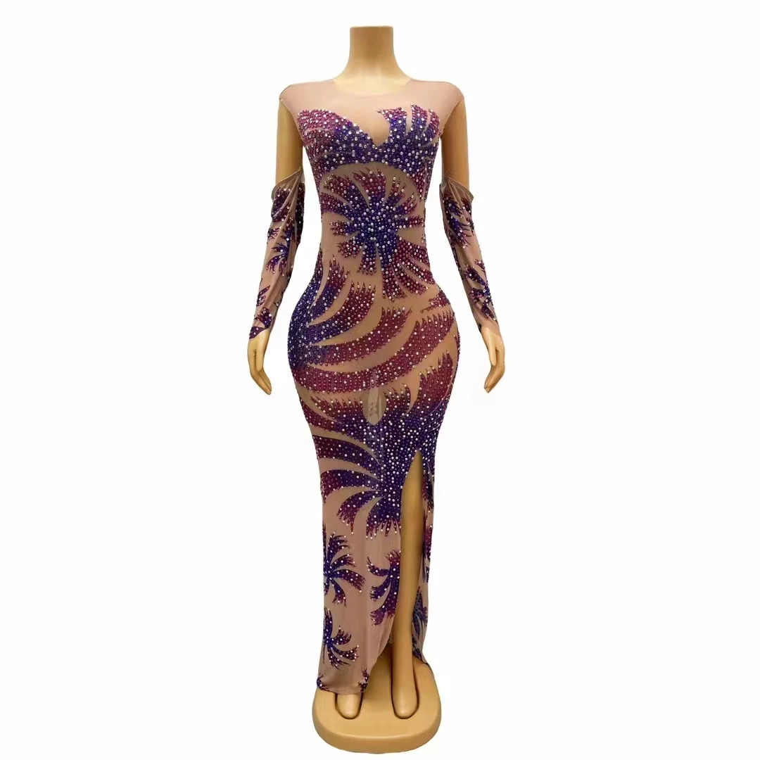 

Women Party Stage Performance Printed Rhinestones Mesh Long Dress With Cuff Stretch Singer Evening Celebrate Transparent Costume