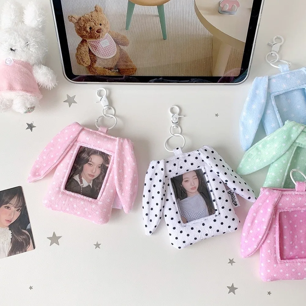 Cute Polka Dot Photocard Display Case Bunny Ear Pendant 3 Inch Card Holder Pouch Clear Window Hanging Loop Badge Holder