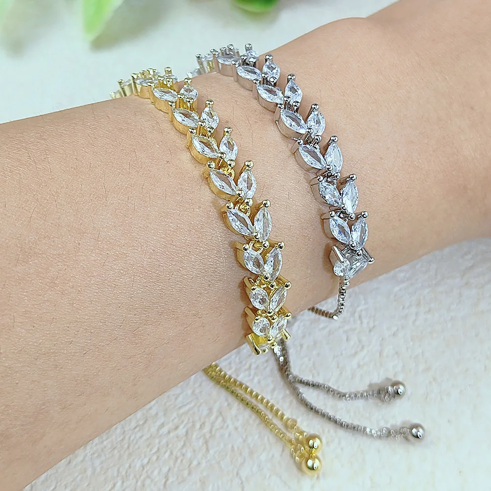 Wunderschönes, glänzendes, verstellbares Blatt-Tennisarmband mit Zirkonia-Besatz für Damen und Herren, zarte Kristall-Handkette, Schmuck H035 – Detail 2