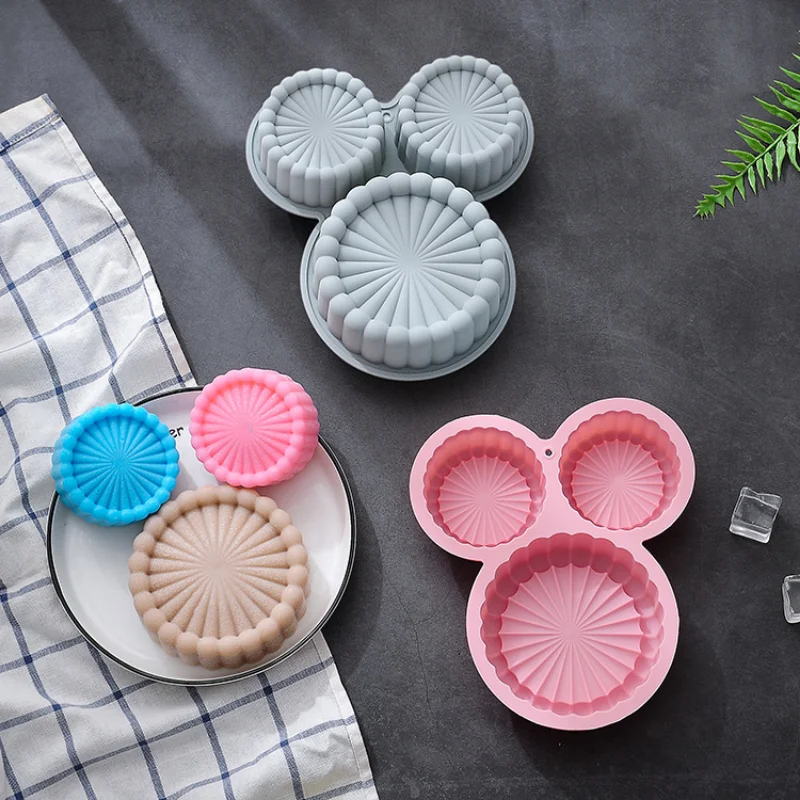 3 Cavity Stripe Round Flower Silicone Cake Mold Chocolate Biscuit Bread Baking Mould DIY Party Snack Soap Candle Making Set Gift