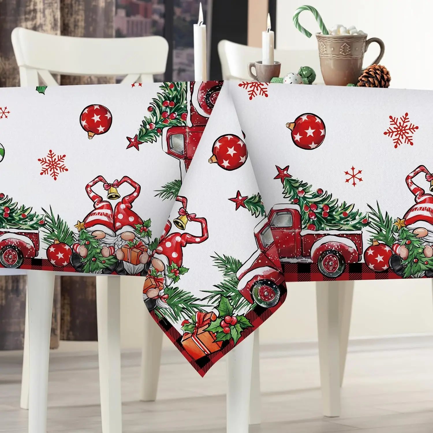 Christmas Gnomes Truck Rectangle Tablecloth Party Decor Xmas Tree Balls Snowflakes Holly Berry Table Cloth Christmas Decorations