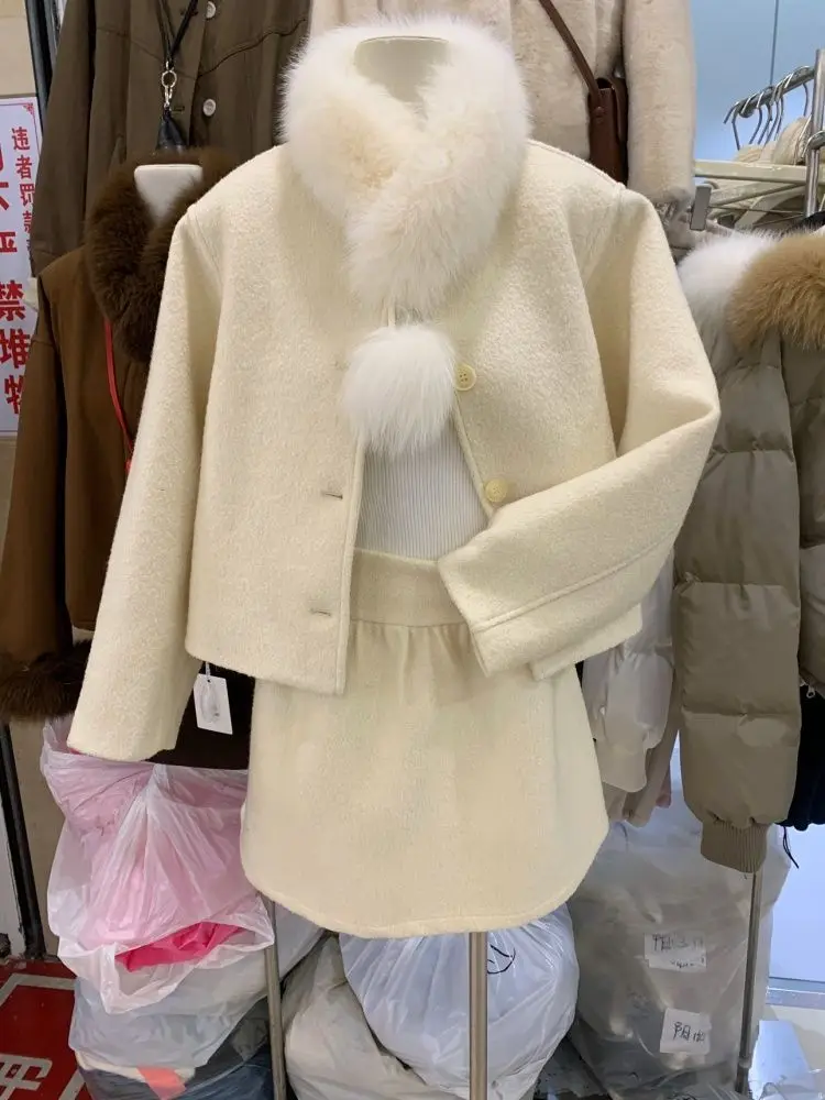 

Winter New Imitation Fox Fur Collar Down Liner Jacket A Word Short Skirt Suit Women