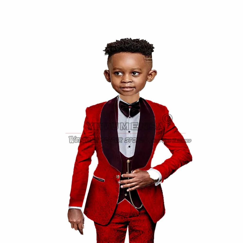 Boy Suits 4 Piece Slim Fit Suit For Kids Toddler Formal Set Wedding Ring Bearer Outfit Burgundy Velvet Lapel Floral Blazer Sets