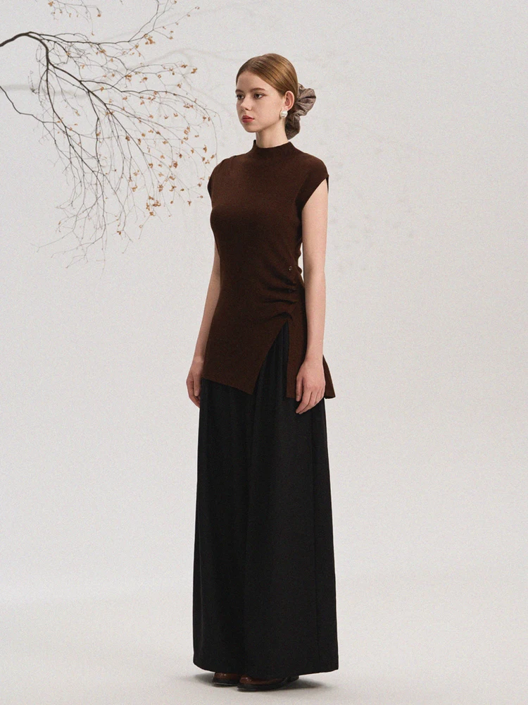 Niniliuiu Coffee Colored Asymmetrical Hem Knitwear Base Shirt Autumn Winter Slimming High-End Feeling Ladies Fashion