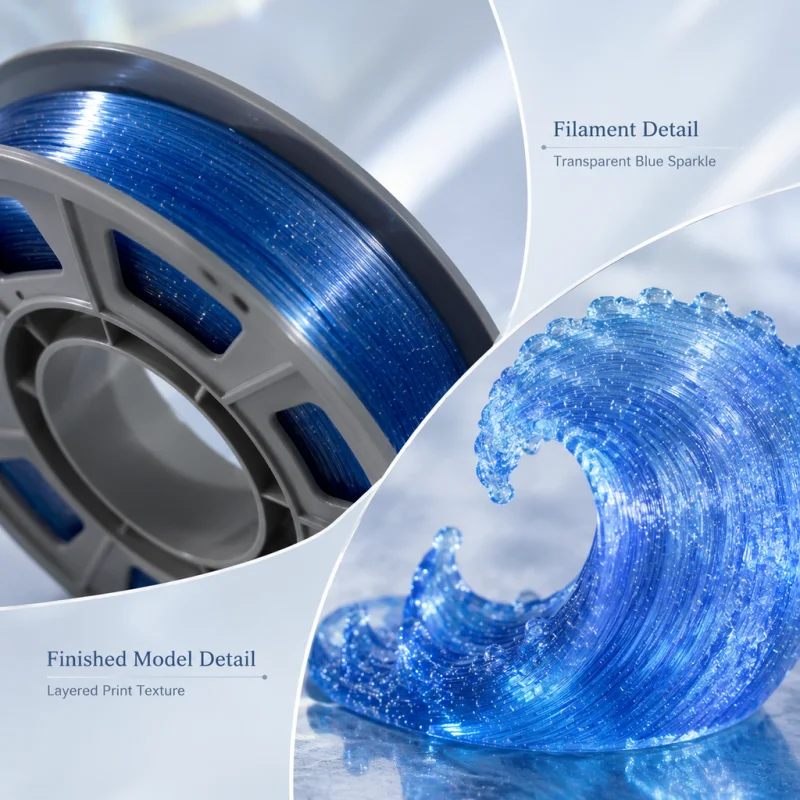 300g Sparkling Blue PETG 3D Printer Filament 1.75mm Crystal Translucent Consumable High Strength Smooth Layer Finish for Daily Desk Storage & Crafts
