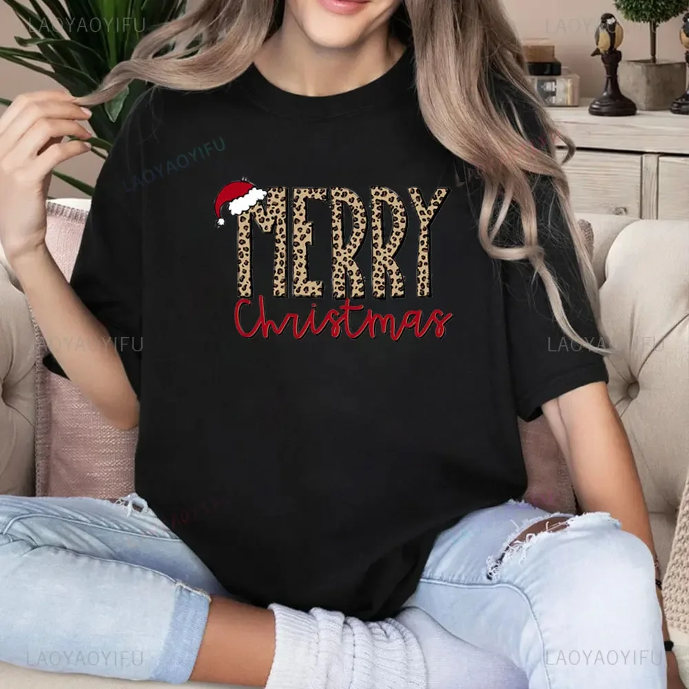 Buffalo Plaid Christmas Women Cotton TShirt Merry Christmas Family Shirt  Christmas Gift Holiday Gift Leopard Graph Female Shirt