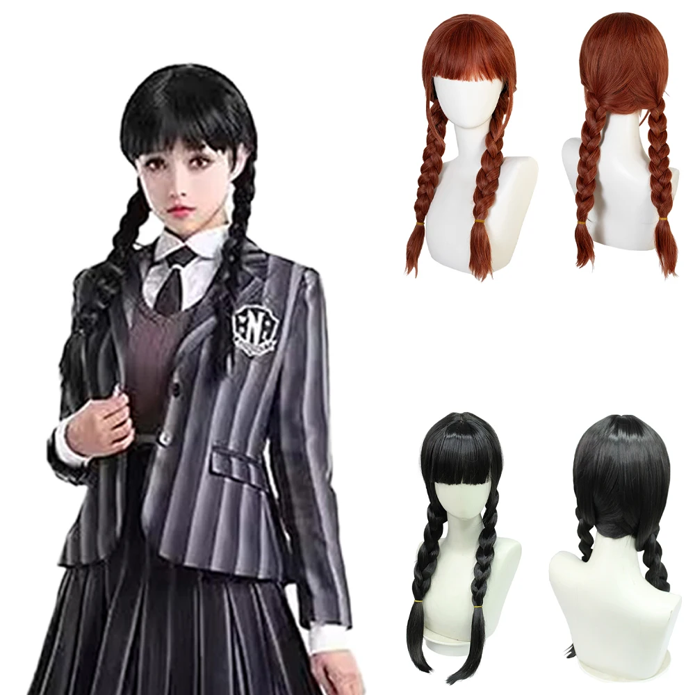 Addams Cosplay Wig 2 Colors Black Auburn Long Double Braids Pigtails With Bangs Heat Resistant Synthetic Hair For Halloween