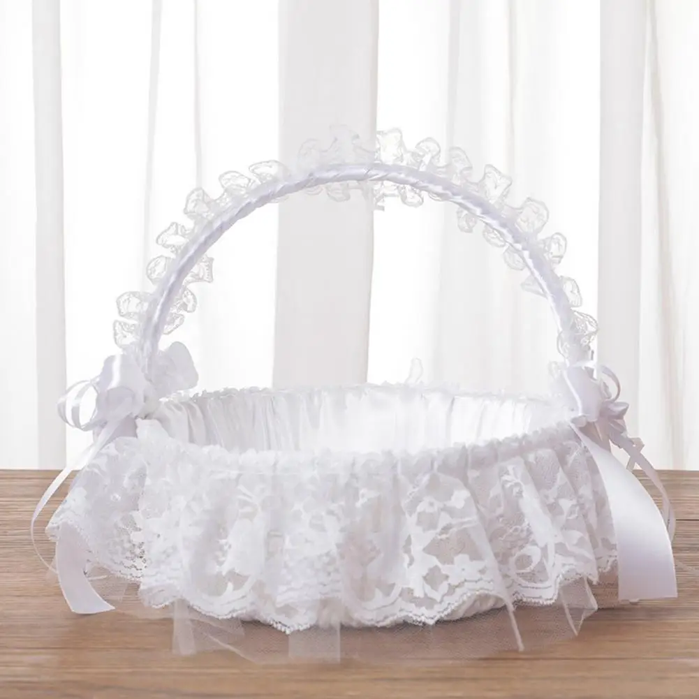 

Bowknot Petal Basket White Wedding Flower Basket Bridesmaid Lace Flower Girl Basket Bride/Kids Hand Held Wedding Decorations