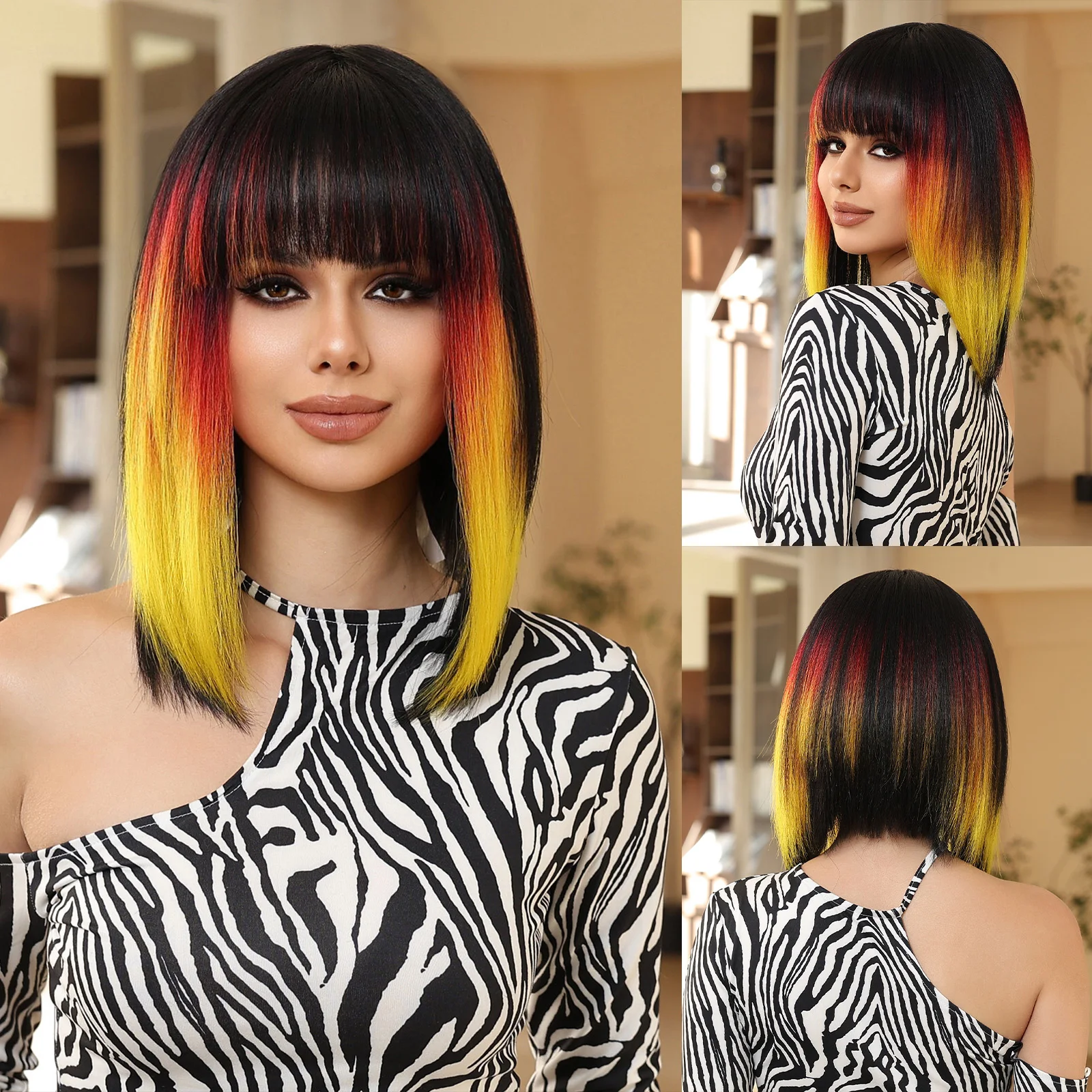 Kurze Bob-Synthetik-Perücken, feurige rote Perücken, leuchtende Farben mit Pony, Highlight für