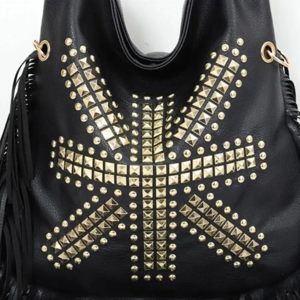 Bloom Vintage Beading Black Handbag Women Large Capacity Tassel Casual Shoulder Bags Female Retro Soft Leather Handbags Purse