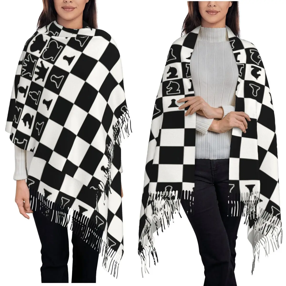 Chess Board Black And White Grid Checkered Scarf Tassel Scarves for Women Soft Warm Shawls and Wraps Long Fall Winter Shawl Wrap