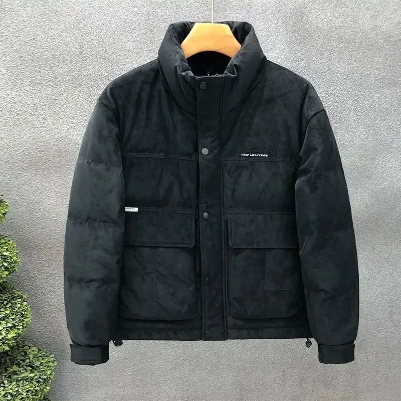 2026 High Street Men Pu Leather Down Jacket Winter Stand Up Collar Solid Color Thick Warm Workwear White Duckl Down Short Jacket