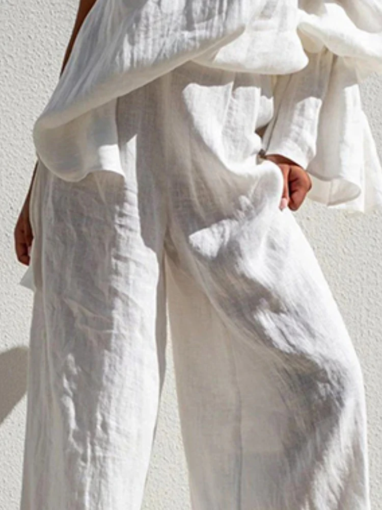 Yeezzi Dames Witte Katoenmix Wijde Pijpen Broek Hoge Taille Losse Elasticiteit Effen Kleur Split-Joint Casual Broek Bodems