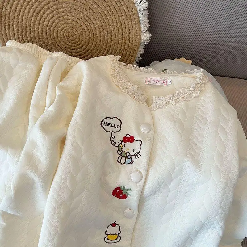 

Sanrio Hello Kitty women's Pajamas Set Sleepwear Layered Air Cotton Thickened Homewear Apricot Color Sweet Spring Autumn Winter