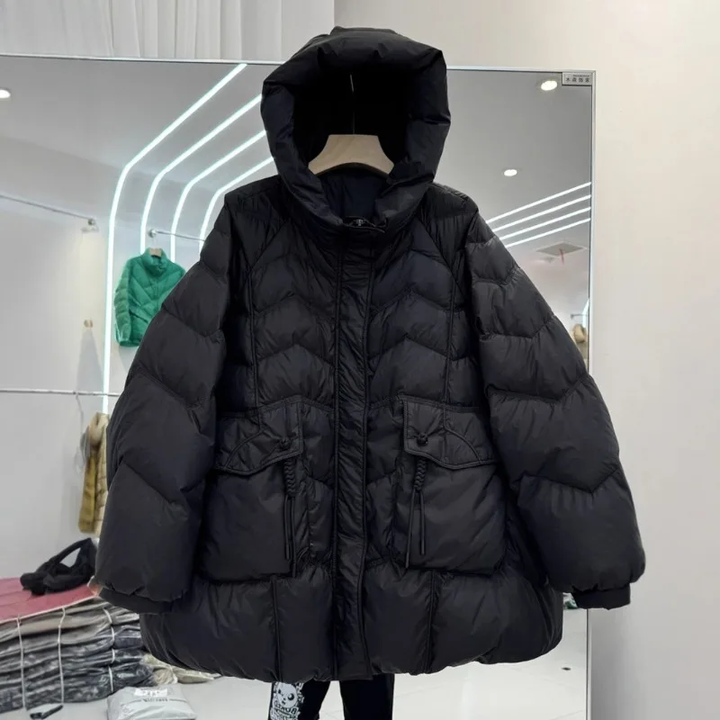 Winter Warm New Hooded Loose White Duck Down Outerwear Quilted Pockets Coats Women's Clothing High-end Plus Size Down Jacket